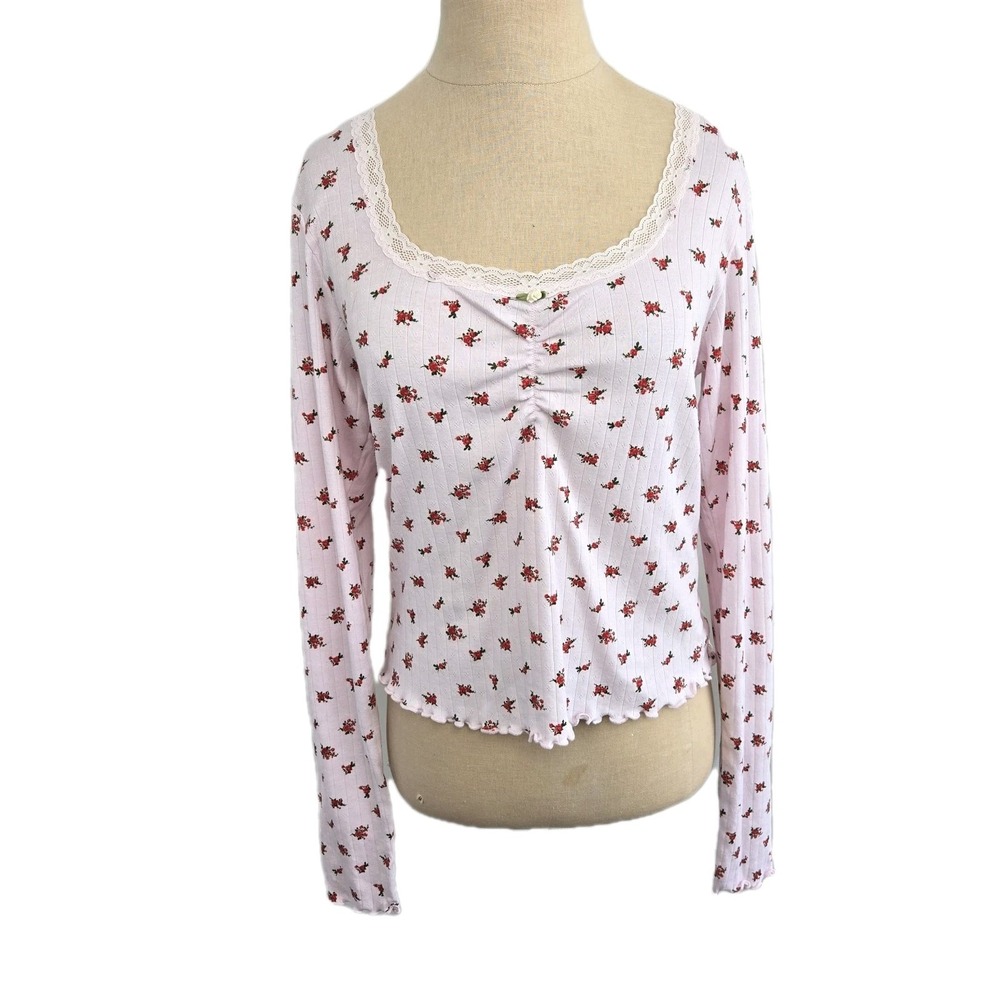 Nordstrom BP Womens Ditsy Floral Longsleeve Crop Top Size XL Pink Cottagecore‎